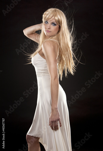 blond in white dress