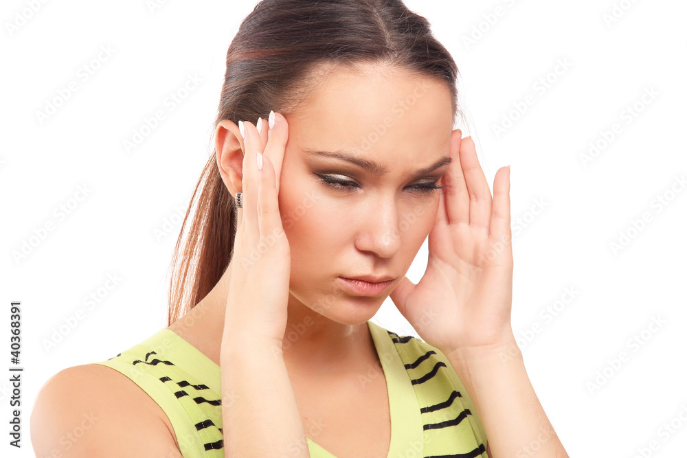 A woman having a headache, closeup, isolated on white