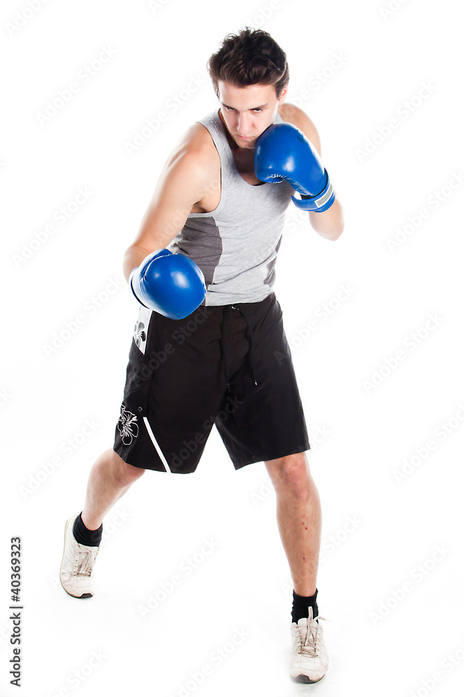 young boxer in gray shirt and blue boxing gloves young boxer in gray shirt and blue boxing gloves