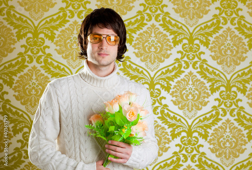 retro hip man holding valentines flowers