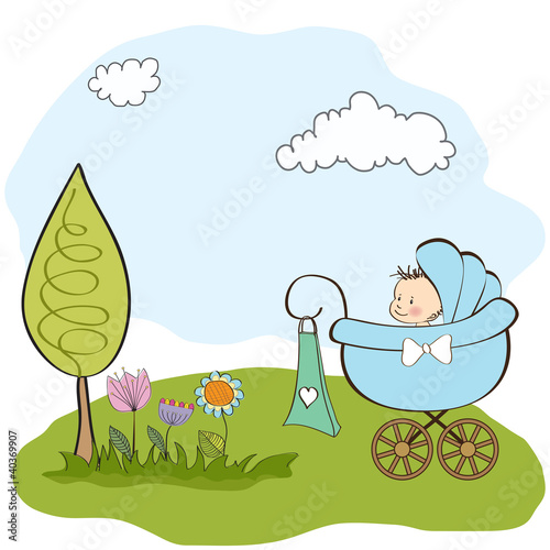 baby boy announcement card with baby and pram