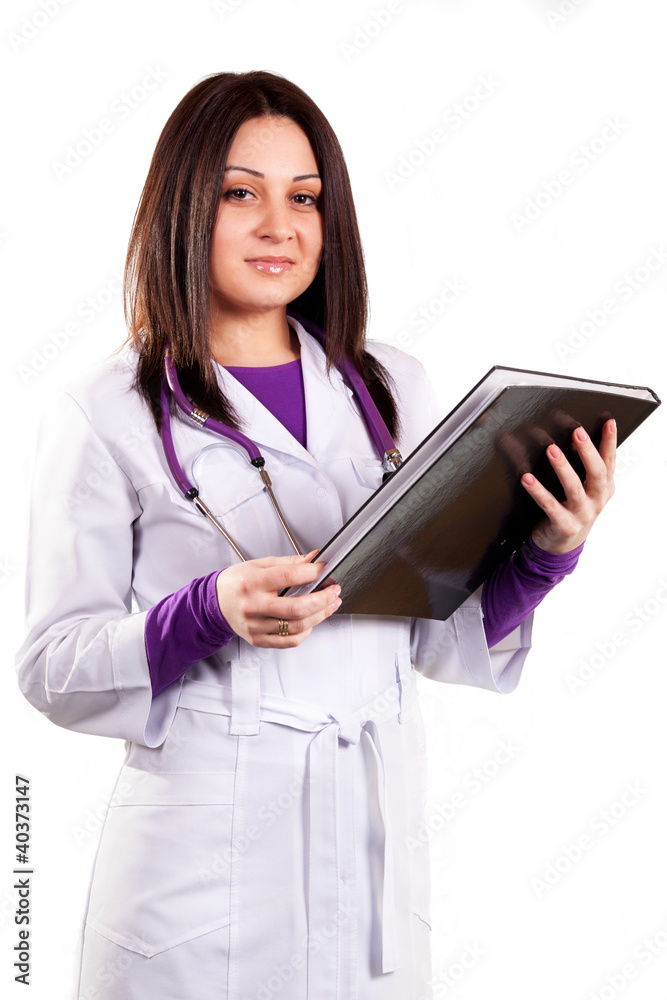 Young caring doctor in white uniform,with stethoscope and black