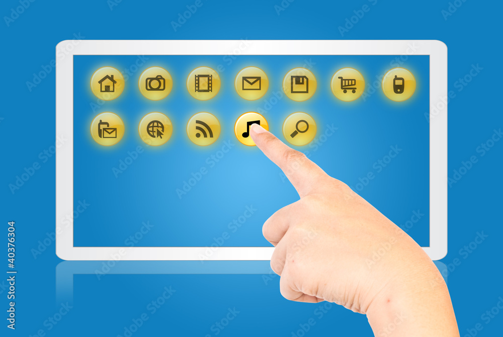 Hand pushing digital button on tablet screen. Hand pushing digital button on tablet screen.