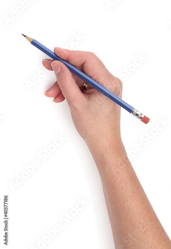 Writing hand with a blue pencil