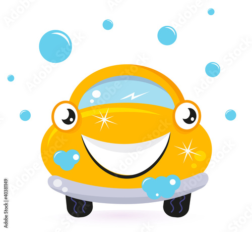 Happy yellow car wash isolated on white