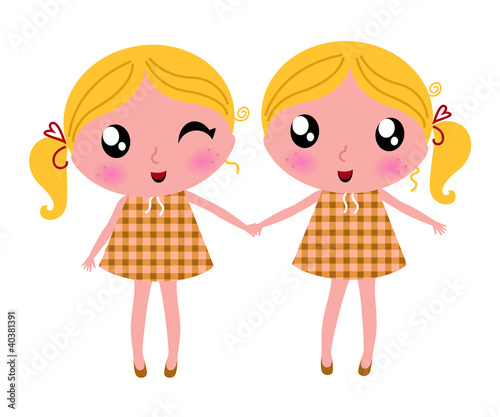 Cute little retro twins isolated on white