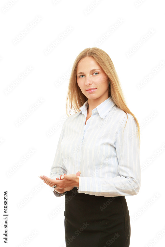 A successful young businesswoman applauding, isolated on white A successful young businesswoman applauding, isolated on white