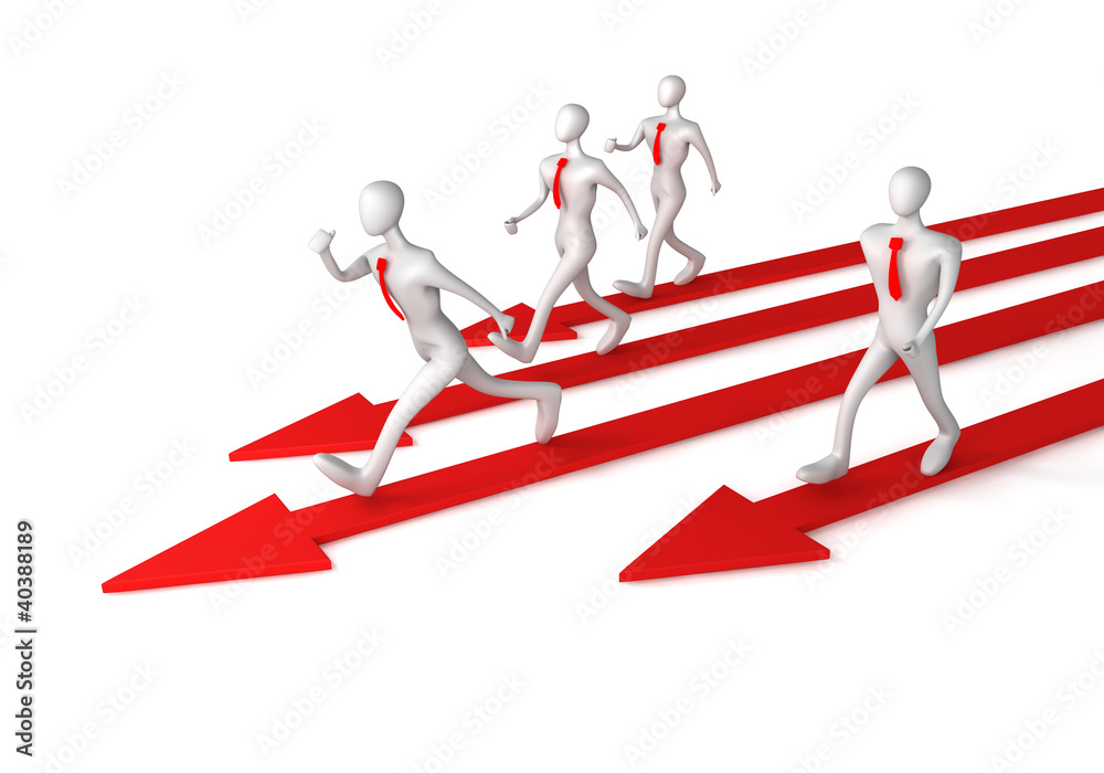 3d team with the leader moving on the arrows 3d team with the leader moving on the arrows