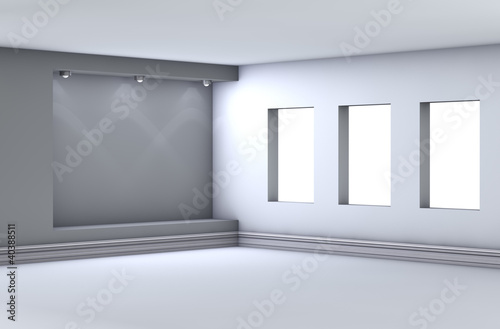 3d empty niche with spotlights for exhibit in the grey interior