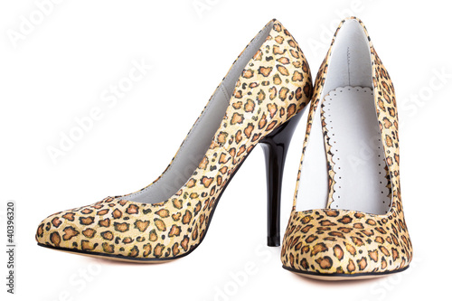 leopard print shoes on lady isolated on white