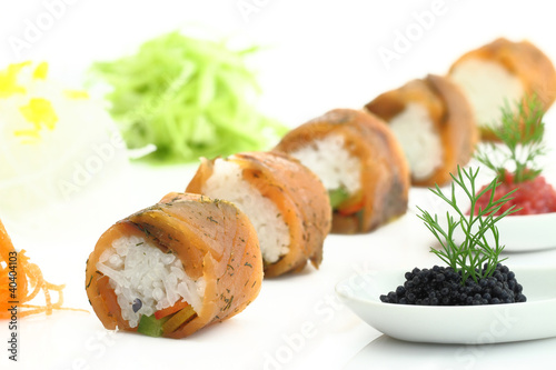 Salmon sushi and caviar