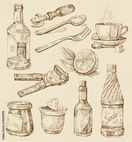 hand drawn kitchen set
