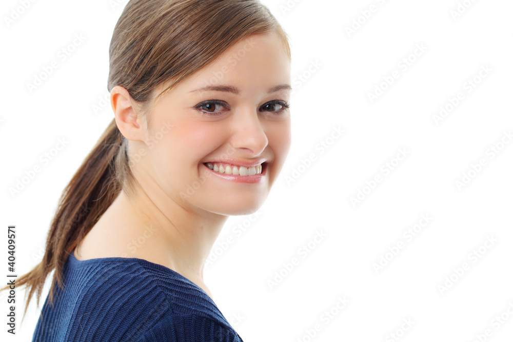 Beautiful young smiling woman. Isolated over white background Beautiful young smiling woman. Isolated over white background