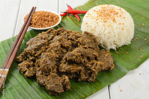 Beef Rendang & Sticky Rice -Malaysian dry beef stew with coconut