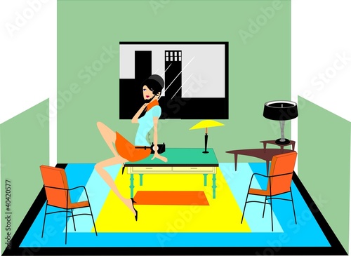 A retro lady, sitting on the desk, chatting on the rotary phone