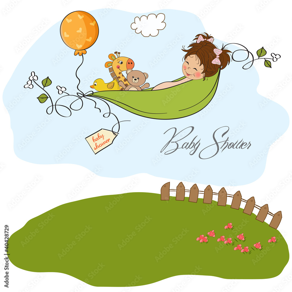 Naklejka premium little girl siting in a pea been. baby announcement card