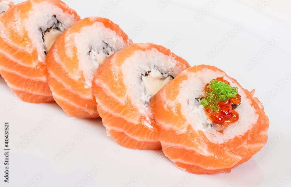 Japanese sushi traditional japanese food.Roll made of salmon, re