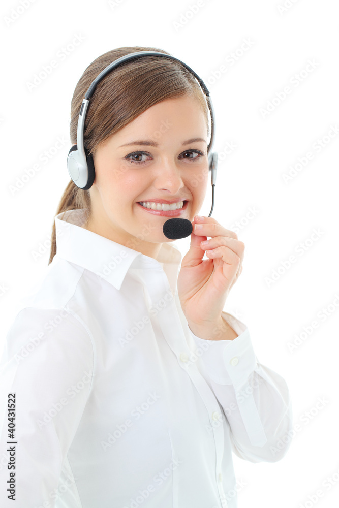 Support phone operator in headset, isolated on white Support phone operator in headset, isolated on white