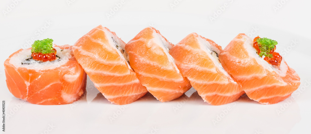 Japanese sushi traditional japanese food.Roll made of salmon, re