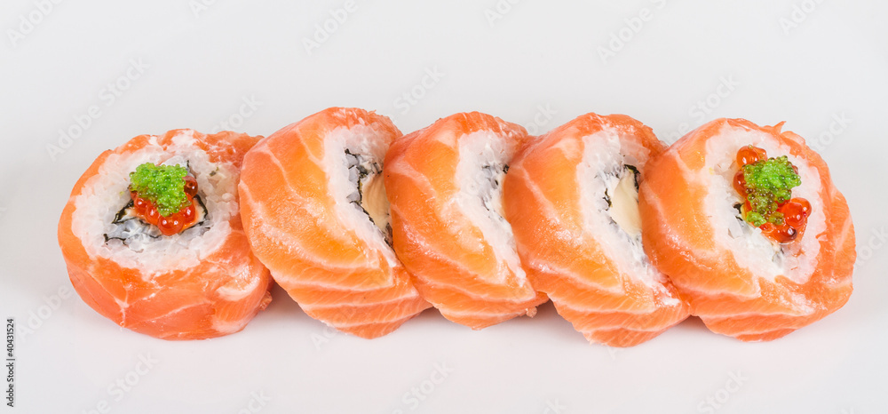 Japanese sushi traditional japanese food.Roll made of salmon, re Japanese sushi traditional japanese food.Roll made of salmon, re