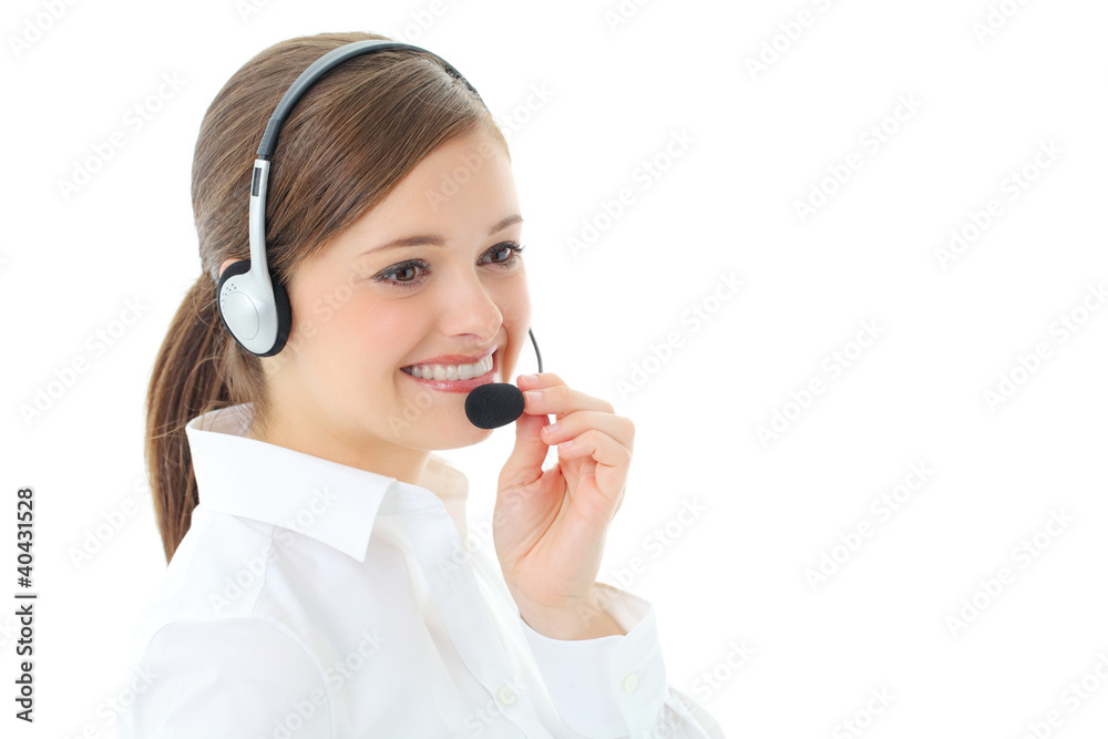 Support phone operator in headset, isolated on white Support phone operator in headset, isolated on white