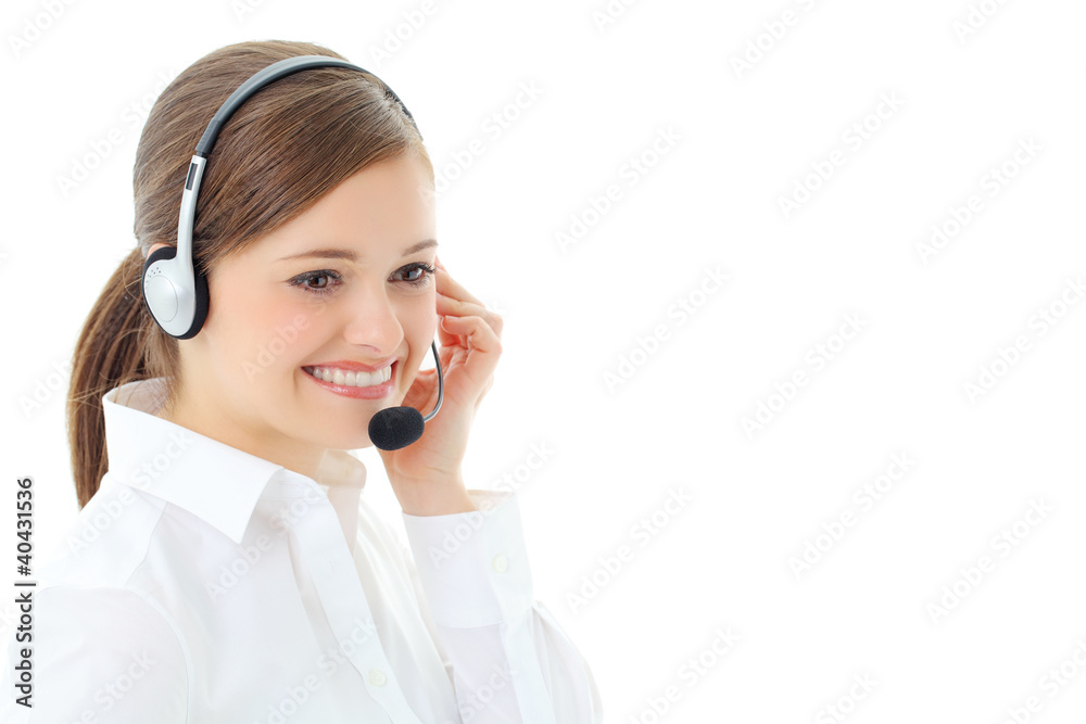 Support phone operator in headset, isolated on white Support phone operator in headset, isolated on white