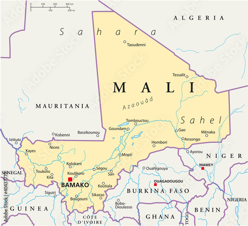 Mali political map with the capital Bamako, national borders, most important cities, rivers and lakes. Illustration with English labeling and scale. Vector. photo