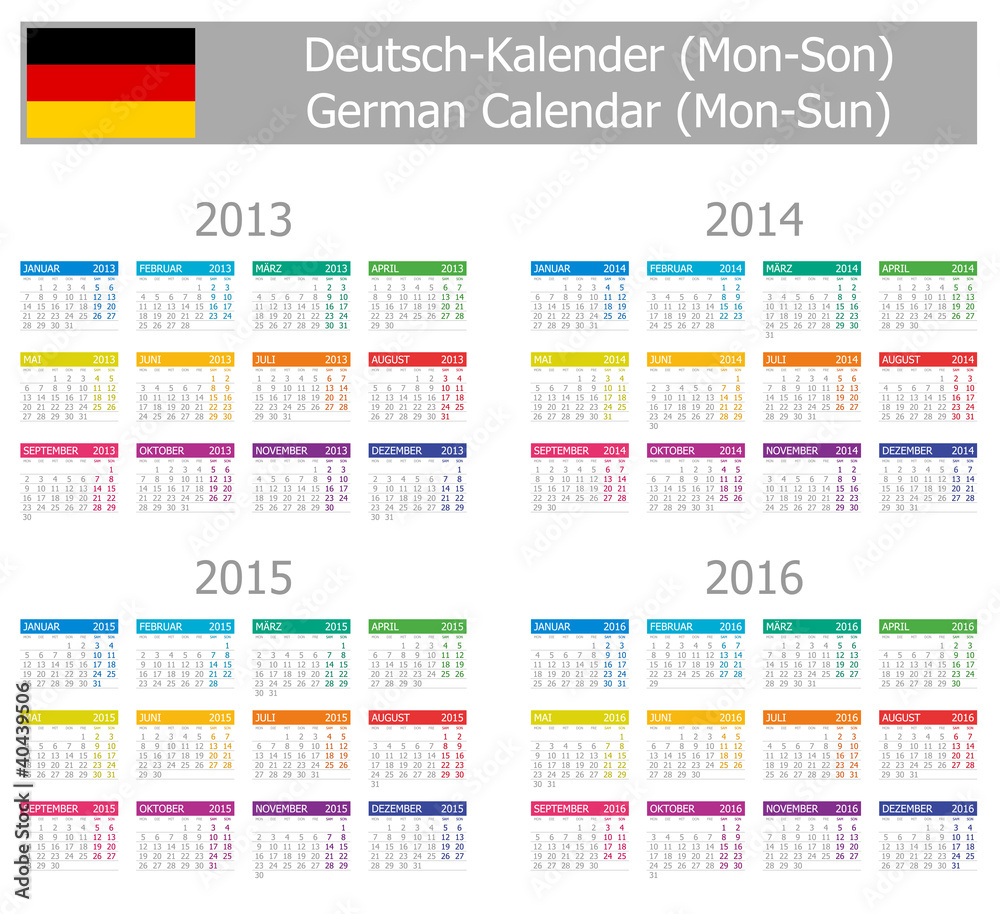 2013-2016 Type-1 German Calendar Mon-Sun on white background