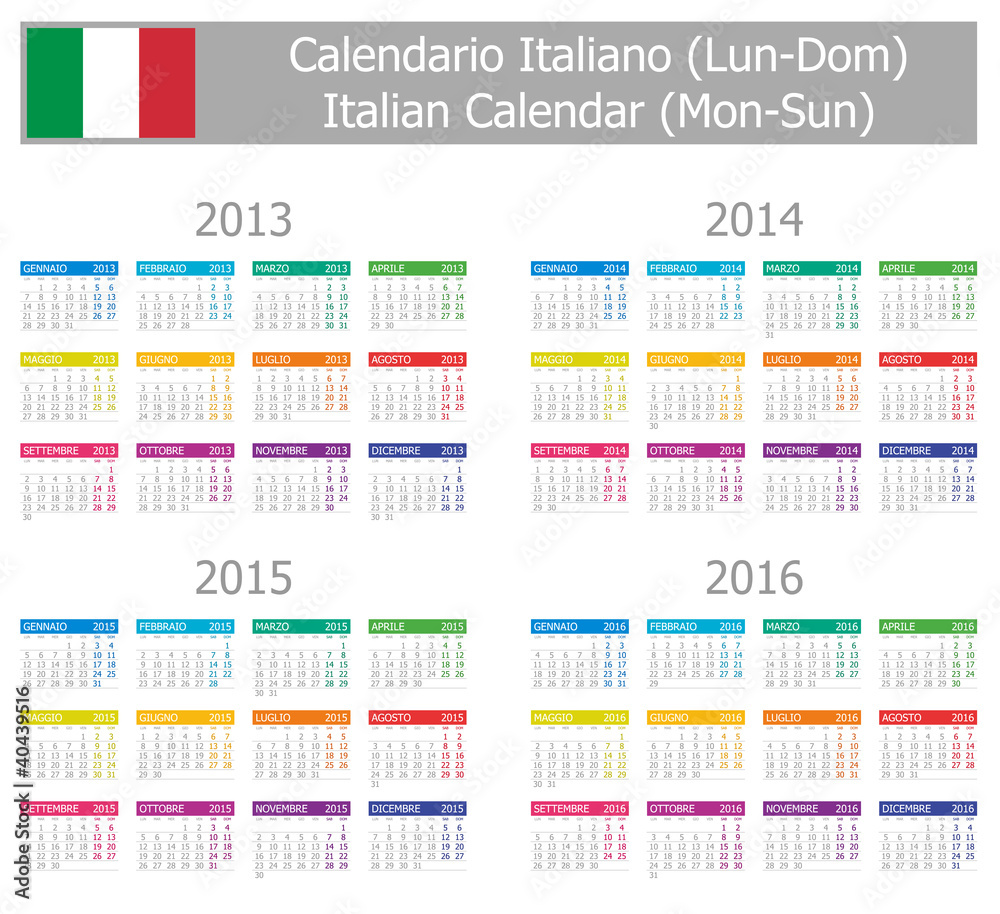 2013-2016 Type-1 Italian Calendar Mon-Sun on white background