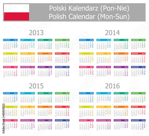 2013-2016 Type-1 Polish Calendar Mon-Sun on white background