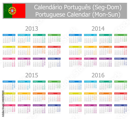 2013-2016 Type-1 Portuguese Calendar Mon-Sun on white background