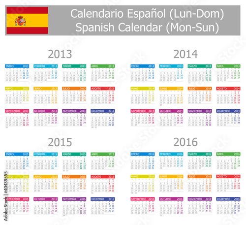 2013-2016 Type-1 Spanish Calendar Mon-Sun on white background