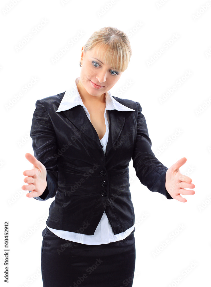 business woman bragging about the size of something with hand business woman bragging about the size of something with hand