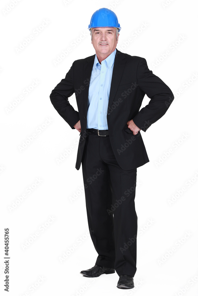 full-body picture of mature architect with arms akimbo full-body picture of mature architect with arms akimbo