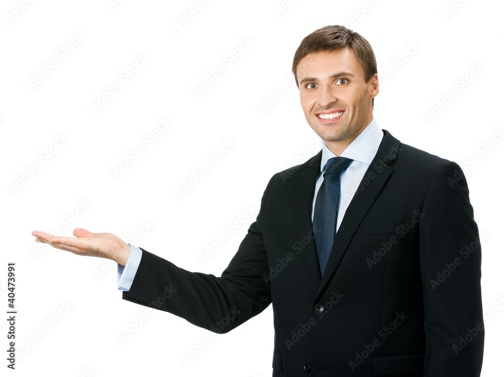 Business man showing, isolated Business man showing, isolated