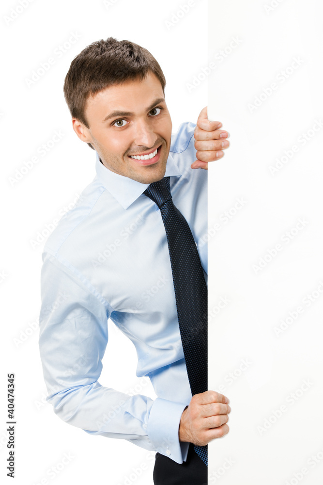 Businessman showing blank signboard, isolated Businessman showing blank signboard, isolated