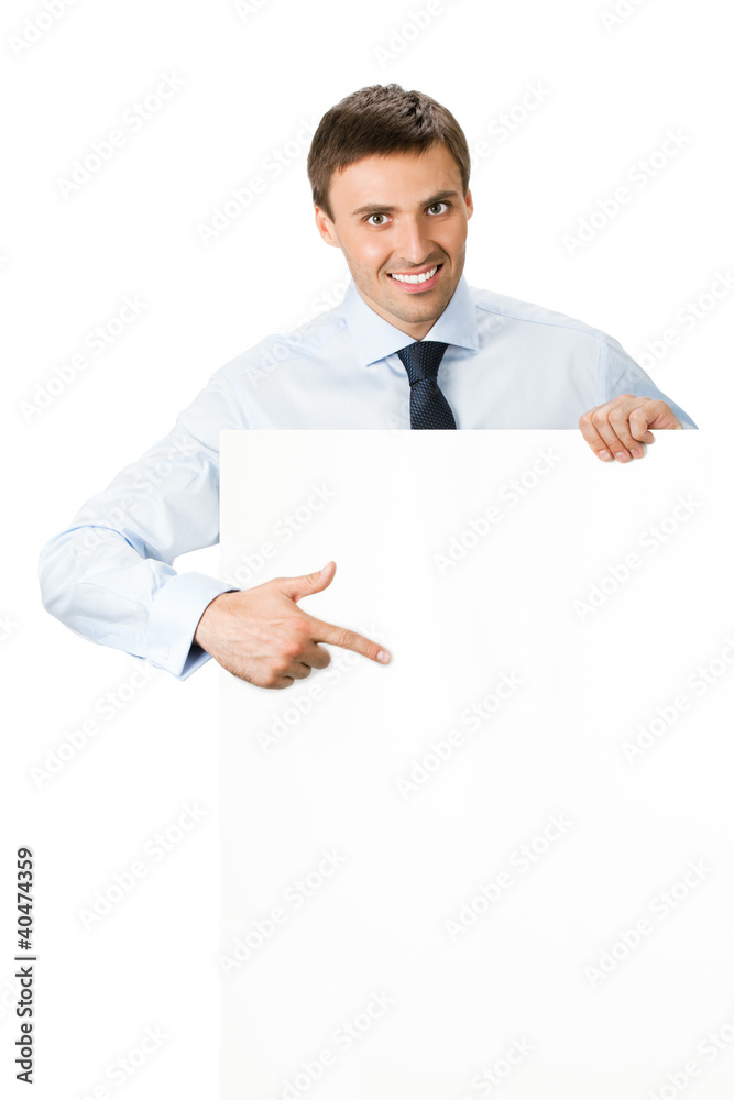 Businessman showing blank signboard, isolated Businessman showing blank signboard, isolated