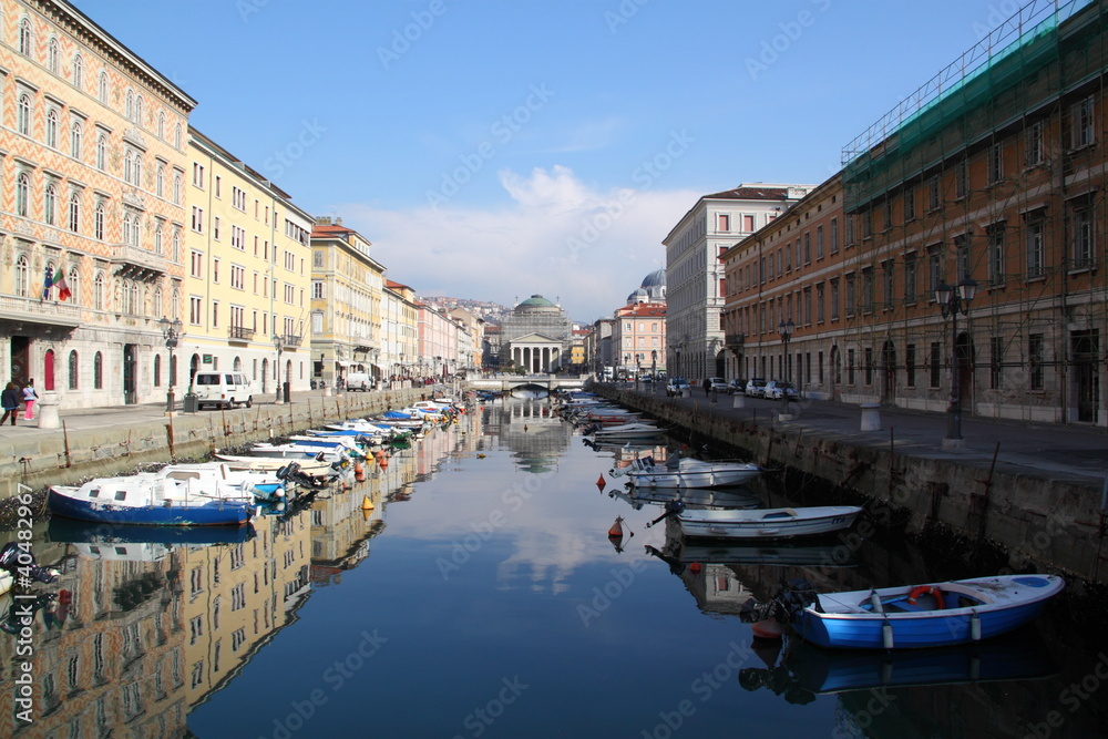 Grand Canal with boats moored, Trieste Italy