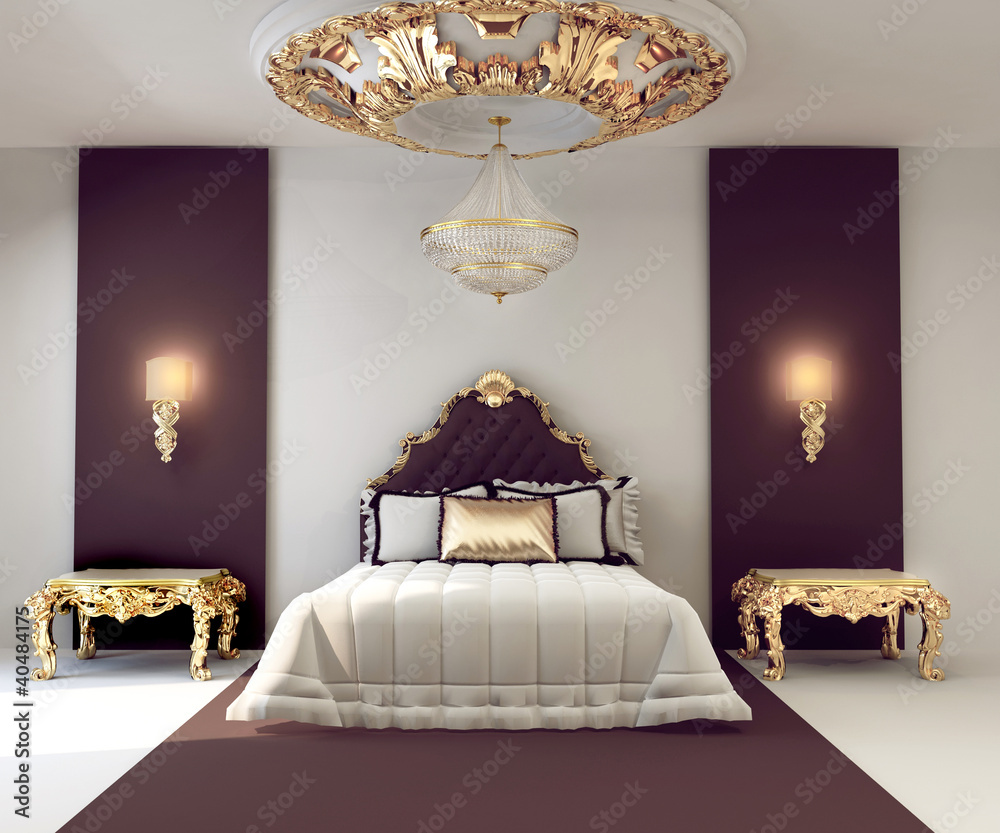 Luxury double bedroom with golden furniture in royal interior Stock ...