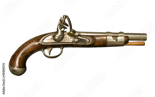 Flintlock pistol isolated against white background photo