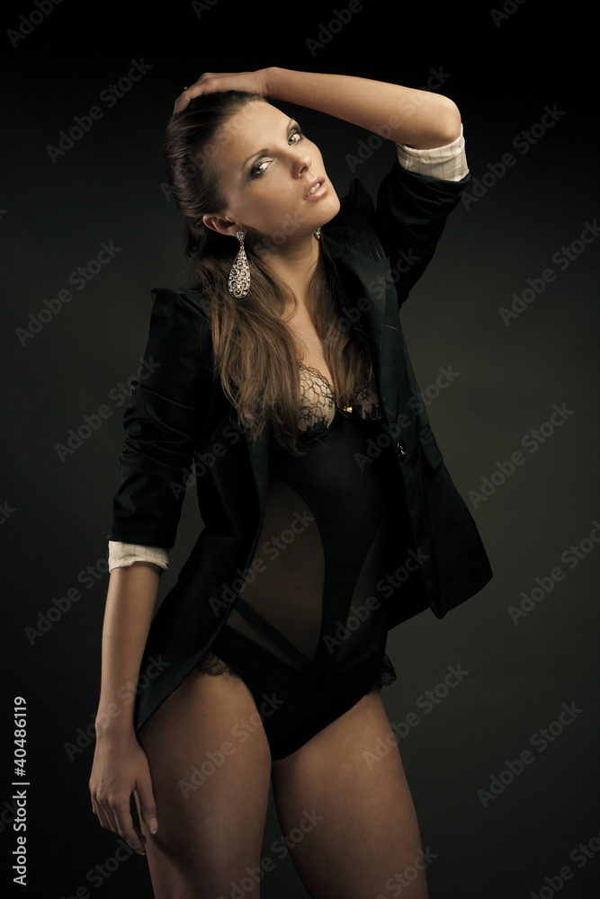 Beautiful woman in jacket and lingerie Beautiful woman in jacket and lingerie