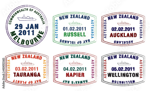 Vector stylised passport stamps from Australia and New Zealand.