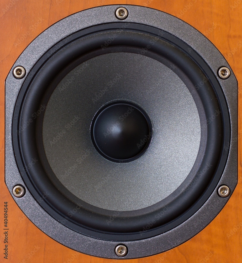 Close up of a wooden mid tones speaker. Close up of a wooden mid tones speaker.