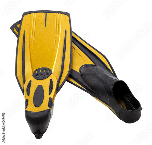 Pair flippers for diving with water drops