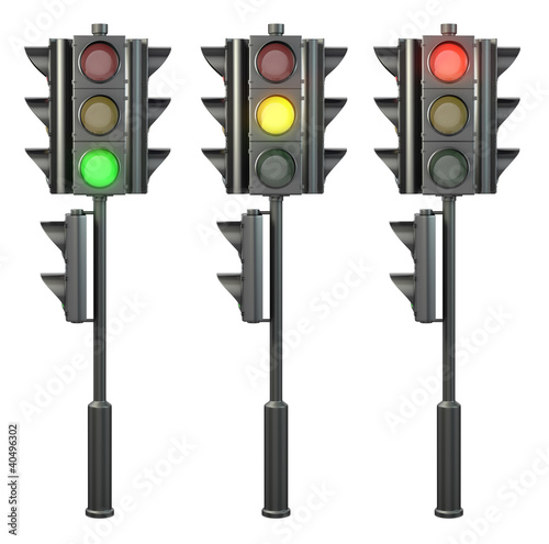 Set of four sided traffic lights on a stand, isolated