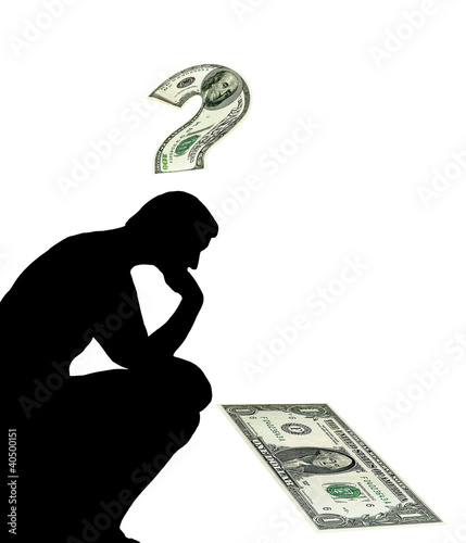 Thinking man. Money question, US dollars. Concept photo