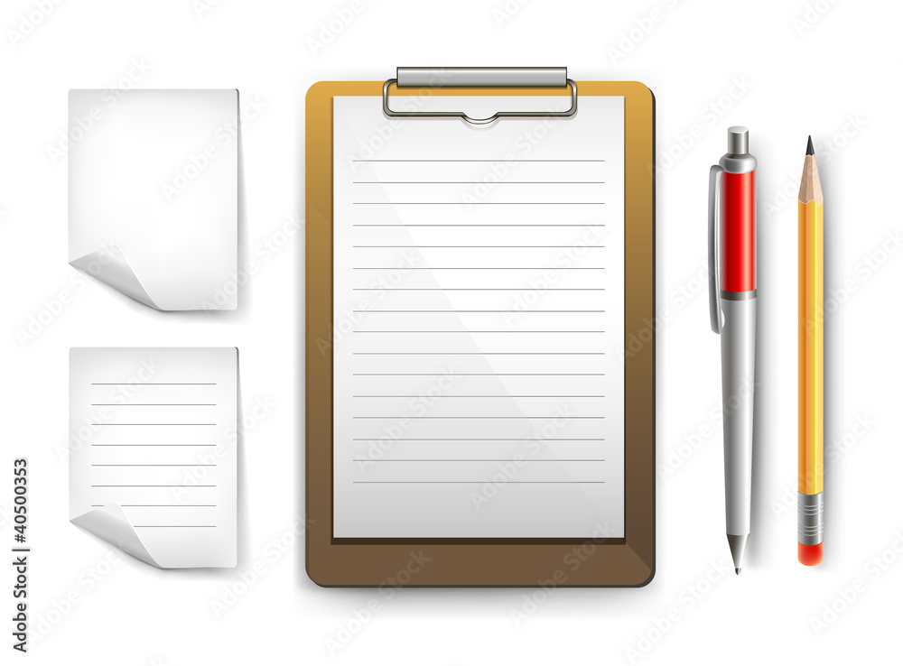 Clipboard, papers, pen and pencil. Vector collection Clipboard, papers, pen and pencil. Vector collection