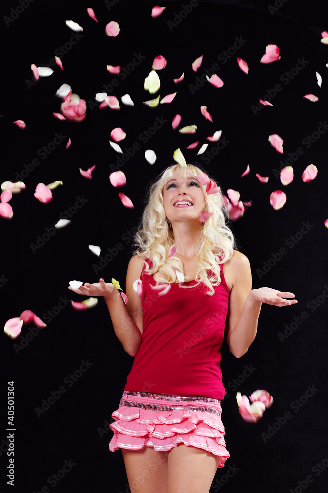 Young woman in rose rain Young woman in rose rain