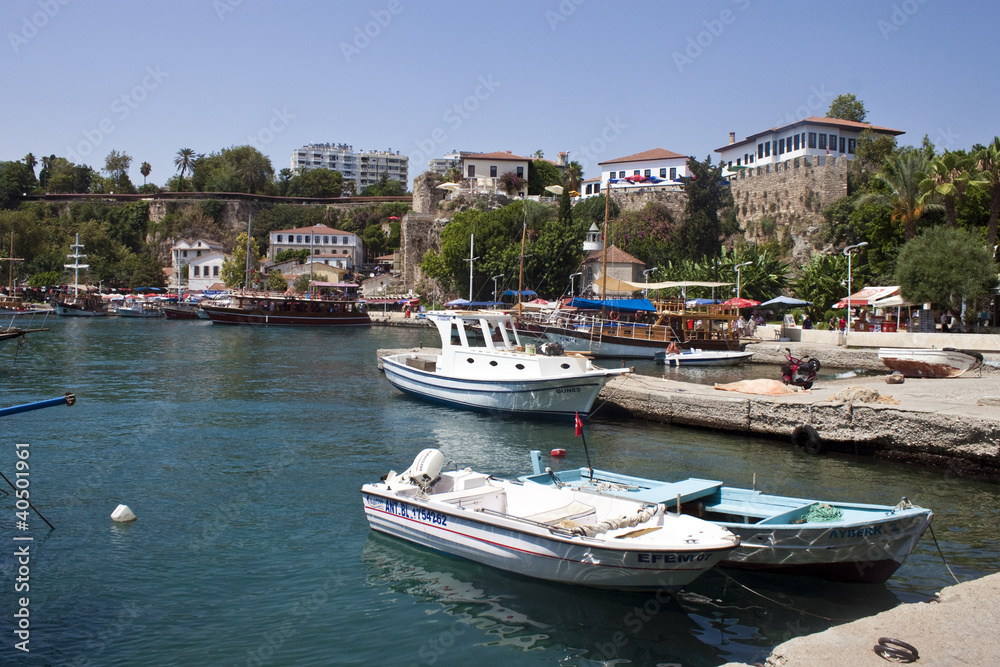 Harbor in Antalya with small boats, Turkey