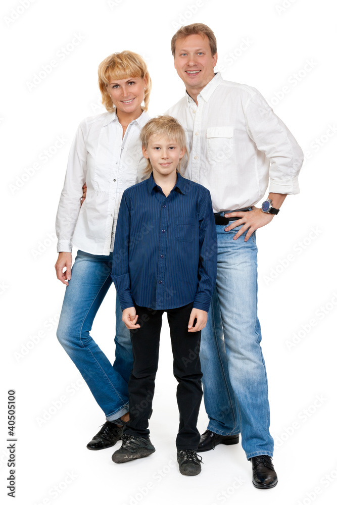 Happy family of three people in the studio Happy family of three people in the studio